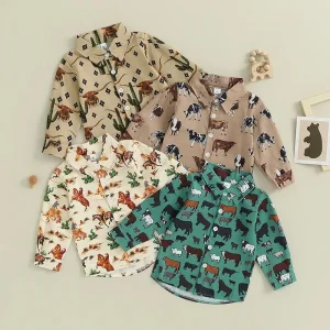 Kids Boy Button up Shirt Vintage Cowboy Cactus Pattern Boys and Girls Baby Shirts Long Sleeve Turndown Collar Blouse