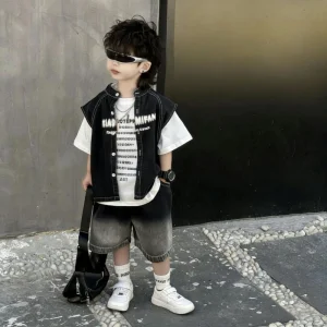 Kids Boy Casual Denim Jacket & Vest Shorts Set Unisex Embroidered Breathable Spring/Autumn Button Coat Multi-Scene School Trip