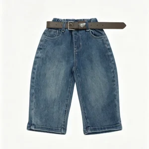 Kids Boy Girl Denim Jeans Elastic Waist Belt Double Back Pocket Letter Embroidery Straight Hip Hop Trousers
