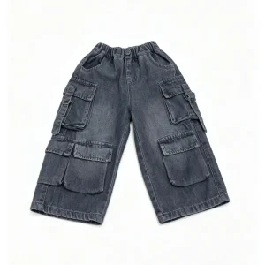 Kids Boy Girl Knitted Cargo Jeans Multi Pocket Strap Buckle Elastic Waist Straight Capri Pants Children Clothing OEM