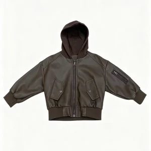 Kids Boy Girl PU Leather Jacket Hooded Bomber Coat Sleeve Zipper Pocket Outerwear Children Clothing OEM