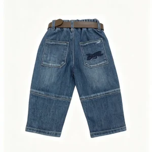 Kids Boy Girl Straight Knitted Denim Shorts Elastic Waist Belt Knee Seam Detail Cotton Spandex Hip Hop Capris Button Fly