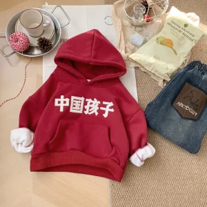 Kids Boy Heavyweight 100% Organic Printed Red Cotton Streetwear Hoodies