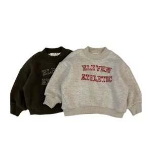 Kids Boys Embroidered Letter Crew Neck Warm Terry Cloth Fleece Lining Oversized Sweatshirt Baby Clothes Pullover