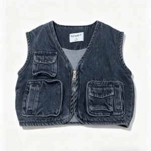 Kids Boys Girls Denim Vest Zip Up Multi Pocket Padded Waistcoat Streetwear Autumn Winter Layering Outerwear