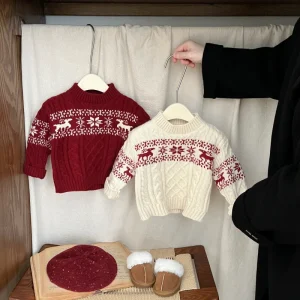 Kids Boys Girls Red and White Christmas Sweater Winter Soft Warm Pullover