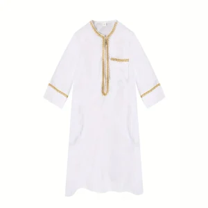 Kids Boys Islamic Thobe White Gold Embroidery Long Sleeve Muslim Kaftan Traditional Arab Jubba Eid Prayer Dress Outfit