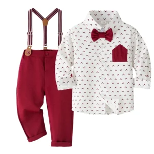 Kids Boys Spring Autumn Gentleman Set Children Printed Shirt Suspender Pants Paty Outfit