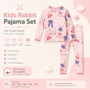 Kids Bunny Print Pajama Set Cotton Spandex Sleepwear Girls Long Sleeve Loungewear Soft Breathable Baby Sleepwear OEM Factory