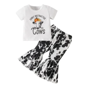 Kids Casual Outfit Western Style T Shirt & Black White Sweat Pants Featuring Attractive Cartoon Highland Cows Design
