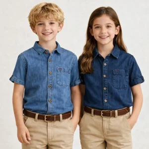 Kids Casual Short Sleeve Denim Shirt Soft Cotton Eco Friendly Breathable Boys Girls OEM ODM Children Clothing