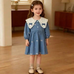 Kids Clothes New Spring Children Embroidered Bow Dress Cotton Girl Cute Loose Puff Sleeve Dress Lace Toddler Cardigan Dress