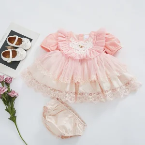 Kids Clothes Summer Mesh Lace Flower Party Baby Girls Dress Set