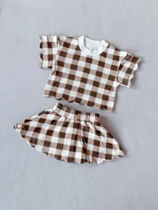 Kids Clothing 2 Piece Summer Outfits Plaid Short Sleeve T Shirt and Skirt Set for Girls Gingham Scalloped Edge Girls Sets