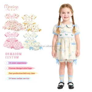 Kids Clothing Custom Multi-style Printed Girls 2pcs Dress Set Girls’ Butterfly Print Smocked Little Girls Outfit Set
