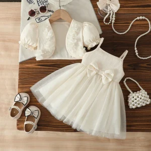 Kids Clothing Factory Short Sleeves Spring Cute Elegant Baby Girls 2 Piece Bow Mesh Dress Jacket Set Flowers Girl Dress