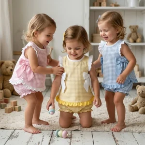 Kids Clothing Girls Dresses Summer Pink Gingham Ruffle Bloomer Short Set Sleeveless Back Bow Baby Girls Clothes Set