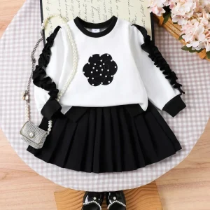 Kids Clothing Spring Autumn Girls White Cotton Sweatshirt Collar Label Black Set