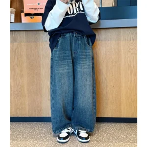Kids Clothing Spring Autumn New Arrivals Boys’ Unique Pocket Solid Washed Mid Waist Straight Leg Jeans Loose Casual Pants