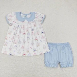 Kids Clothing Toddler Girl Princess and Castle Blue Bloomer Set Girls Summer Outfit Girls Child Clothes Set