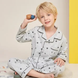 Kids Cotton Geometric Square Print Pajama Set Long Sleeve Nightwear Autumn Sleepwear