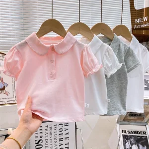 Kids Cotton Polo Shirt Short sleeve Girls Blouse Lace trimmed Collar Summer Kindergarten Performance Outfit Drop Shipping