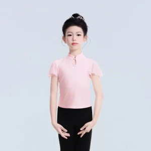Kids Cotton Stand Collar Dance Tops Ballet Dance Training Shirt Girls Flutter Sleeves Ballet Top