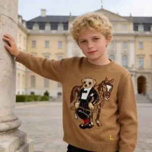 Kids Custom Knit Sweater Bear Graphic Crew Neck Long Sleeve Casual Pullover for Boy & Girl