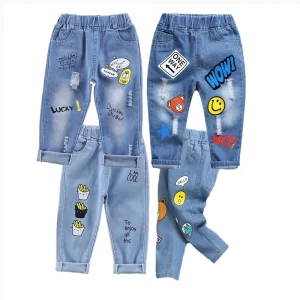 Kids Denim Trousers Cute Fashion Children Casual Pants Cartoon Printed Boys Baggy Jeans 90-140