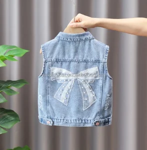 Kids Denim Vest Girls Distressed Denim Vest with Bow Pearl Patch Cotton Fabric Denim Jacket
