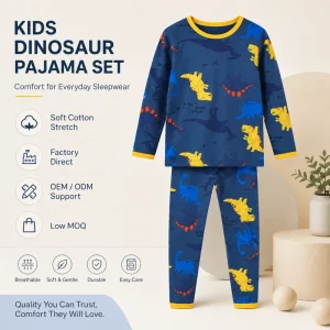Kids Dinosaur Pajama Set Cotton Stretch Boys Sleepwear Long Sleeve Loungewear Soft Breathable OEM Factory Low MOQ