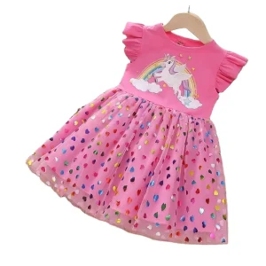 Kids Dresses for Girls Sohort Sleeve Unicorn Girls Sequins Costume Princess Dress Kids Daily Clothes