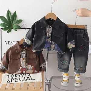 Kids Embroidered Casual Cartoon Coat Boys Long Sleeve Polyester Cotton Comfortable Turn Down Collar Jacket