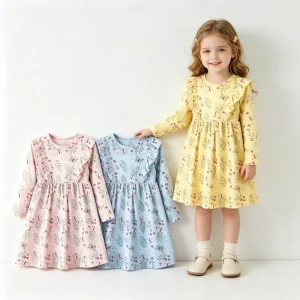 Kids Floral Butterfly Print Long Sleeve Dress Ruffle Casual A-Line Girls Bamboo Fiber Dress