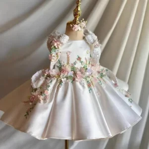 Kids Floral Dress Princess Party Embroidered Flower Satin Tulle Handmade Luxury Children’s Wedding Flower Girl Dress
