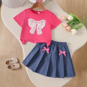 Kids Girl Bow T Shirt Striped Skirt Casual Outfit 4 7y Kids Summer Clothes Set