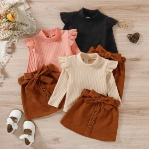Kids Girl Clothing Sets Baby Girl Ruffle Ribbed Top Corduroy Skirt Set Baby Outfit Toddler Girls Clothing Sets