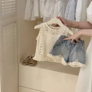 Kids Girl Clothing Sets Summer Solid Pattern Hollow Out Vest Camisole Top Tassels Kids Jeans Short Baby Girls Two Piece Set