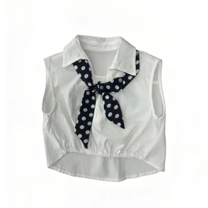 Kids Girl Sleeveless Blouse Mandarin Collar Eco Friendly 3D Polka Dot Single Button Casual Top Spandex Cotton Anti shrink Quick