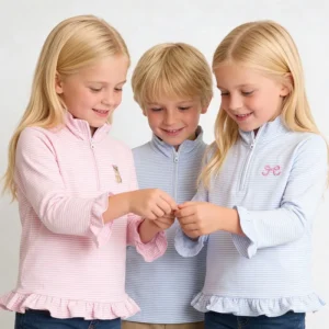 Kids Girl Striped Cotton Long Sleeve T Shirts Monogrammed Baby Girl Ruffle Polo Shirts Quarter Zip Pullover Little Girl Top Tee