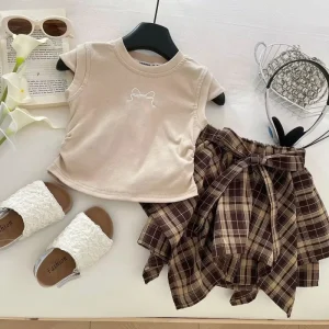 Kids Girl Summer Clothing Set Kids Cartoon Short Sleeve T Shirt and Irregular Bow Skirt Clothing Sets Summer