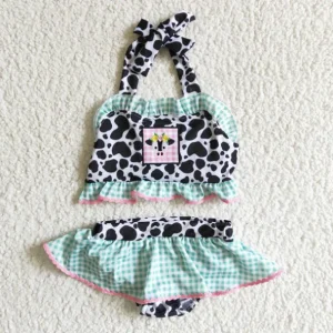 Kids Girl Summer Swimwear Cow Print & Mint Gingham Ruffle Baby Boutique Swimsuit Two Piece Bathing Suit