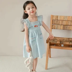 Kids Girls 100% Cotton Casual Dress Toddler Girls Flying Sleeve Embroidery Flower Vintage Dress for 2 6 Years Girl