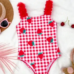 Kids Girls 4-7 Years Sleeveless One-Piece Strawberry Swimsuit