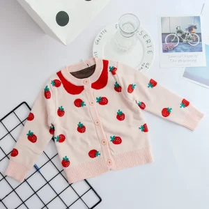 Kids Girls Cardigan Sweater, Strawberry Knit, Cotton, O-Neck, Pink