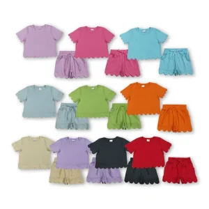 Kids Girls Clothes Set Toddler Girls Cotton Short Sleeve Scallop Shorts Sets Solid Summer 2 Piece Outfits