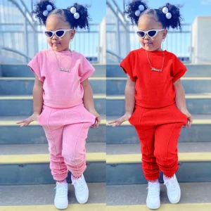 Kids Girls Clothes Short Sleeve Two-Piece Clothing Solid Color Spring Kids Sets Baby Clothing