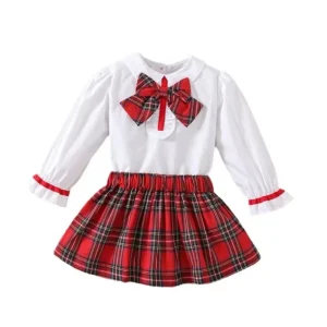 Kids Girls College Style Set Long Sleeve JK Uniform Two Piece Set Shirt Folding Skirt Bow Grid Skirt Kids Clothing Set