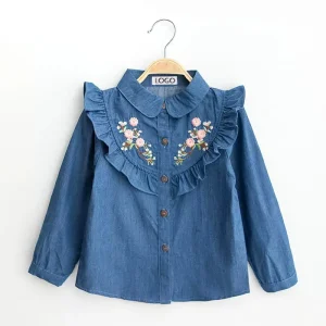 Kids Girls Embroidery Lyocell Denim Casual Blouse Ruffles Shirts for Toddler Girls Peter Pan Collar Denim Top