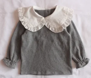 Kids Girls Gray Long Sleeve Polo T Shirt With Ruffle Peter Pan Collar Solid Color Casual for Toddler Available
